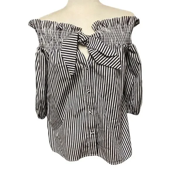 Parker Navy Blue and White Off the Shoulder Ruffle Smocked Blouse - Picture 1 of 5